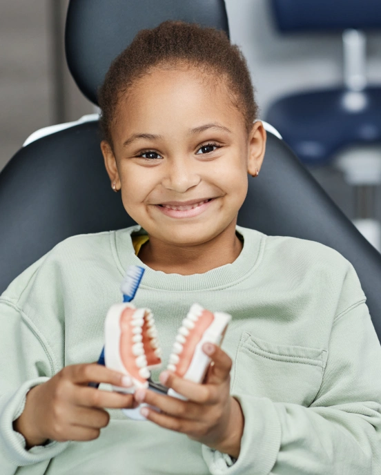 Child learning about preventive dental care with a tooth model